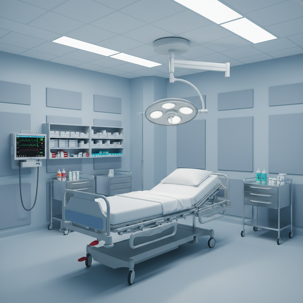 A state-of-the-art emergency treatment room featuring a central high-tech hospital bed with crisp white linens, adjustable rails, and an overhead articulating exam light poised above. Surrounding the bed are neatly arranged stainless steel carts, a wall-mounted vital sign monitor displaying calm, steady readings, and organized shelves of labeled medical supplies. The walls are painted a soothing pale blue-gray, with discreet acoustic panels for sound control. Cool, even LED ceiling lights cast clear, shadow-free illumination, enhancing a sense of precision and efficiency. Photographic realism, captured from a slightly elevated angle with moderate depth of field, creating a calm, professional, and highly prepared atmosphere ideal for emergency care.