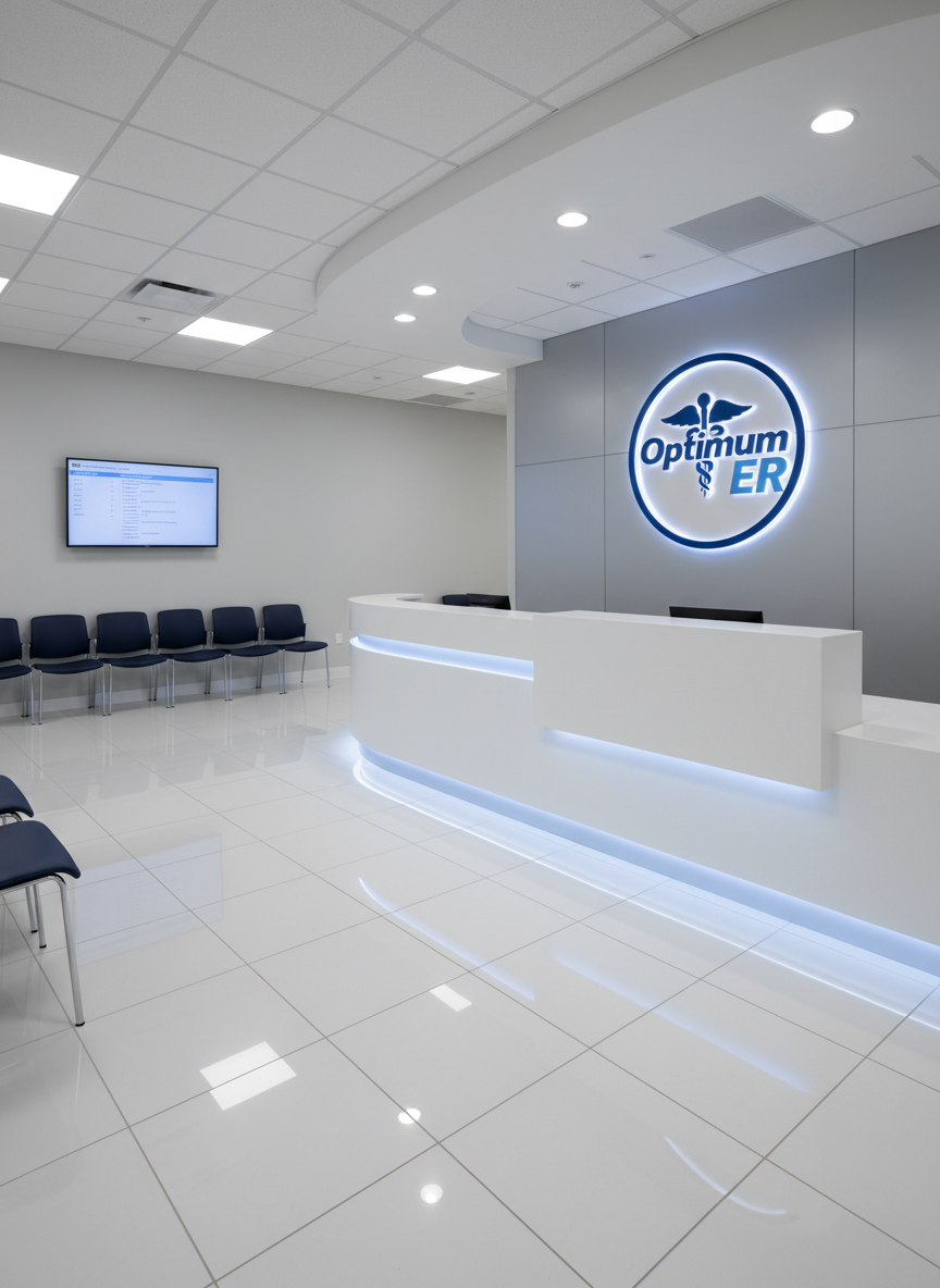 A sleek, modern emergency room reception area with a curved white solid-surface desk, embedded soft blue LED accent lighting, and a prominent backlit Optimum ER logo on a smooth light-gray wall. The glossy porcelain tile floor reflects gentle overhead recessed lighting, creating a bright yet calming atmosphere. To the side, a neatly organized row of empty navy-blue vinyl chairs with chrome legs lines the wall, and a digital wall-mounted patient information screen glows softly in the background. Photographic realism, shot at eye level with a wide-angle lens, sharp focus throughout, and a clean, professional composition that emphasizes order, readiness, and a welcoming environment without showing any people.