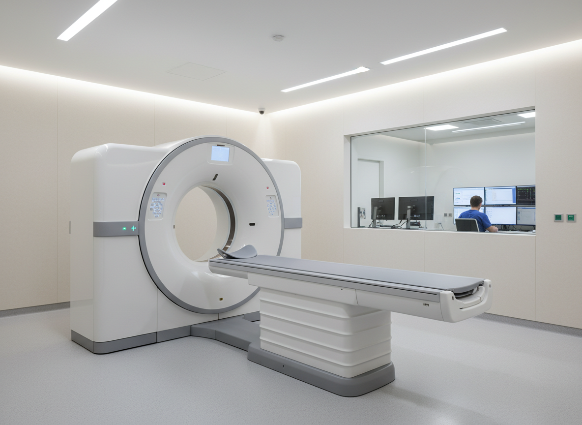 A bright diagnostic imaging suite showcasing a gleaming white CT scanner with a smooth circular gantry and padded sliding table centered in the room. The machine’s control panel glows with subtle blue and green indicators. The space is lined with softly textured off-white walls and a seamless light gray floor, with concealed LED strip lighting washing the ceiling in a gentle glow. A glass window to the adjacent control room reveals neatly arranged computer workstations and monitors. Photographic realism, shot from a three-quarter angle with sharp focus, emphasizing advanced technology, cleanliness, and a reassuringly controlled, high-tech emergency care environment.