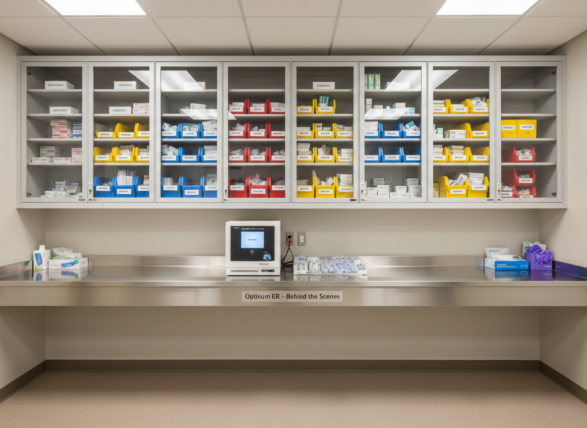 A well-organized medication and supply room in an emergency department, featuring tall, glass-front cabinets filled with clearly labeled medication bins, sterile packages, and color-coded emergency kits. A solid stainless steel countertop runs beneath the cabinets, holding a compact automated medication dispenser, sealed syringes, and disposable gloves arranged in precise order. The lighting is bright and neutral from LED panels, minimizing shadows and highlighting the immaculate cleanliness of every surface. The floor is a seamless, easy-to-clean vinyl in a soft warm gray. Photographic realism, shot straight-on with balanced composition and sharp detail, conveying safety, reliability, and meticulous preparation behind the scenes at Optimum ER.